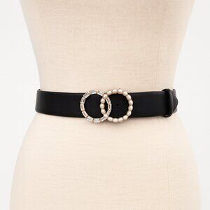 Nine West Black Belt Embellished Gold Double Ring Buckle Pearls & Rhinestones